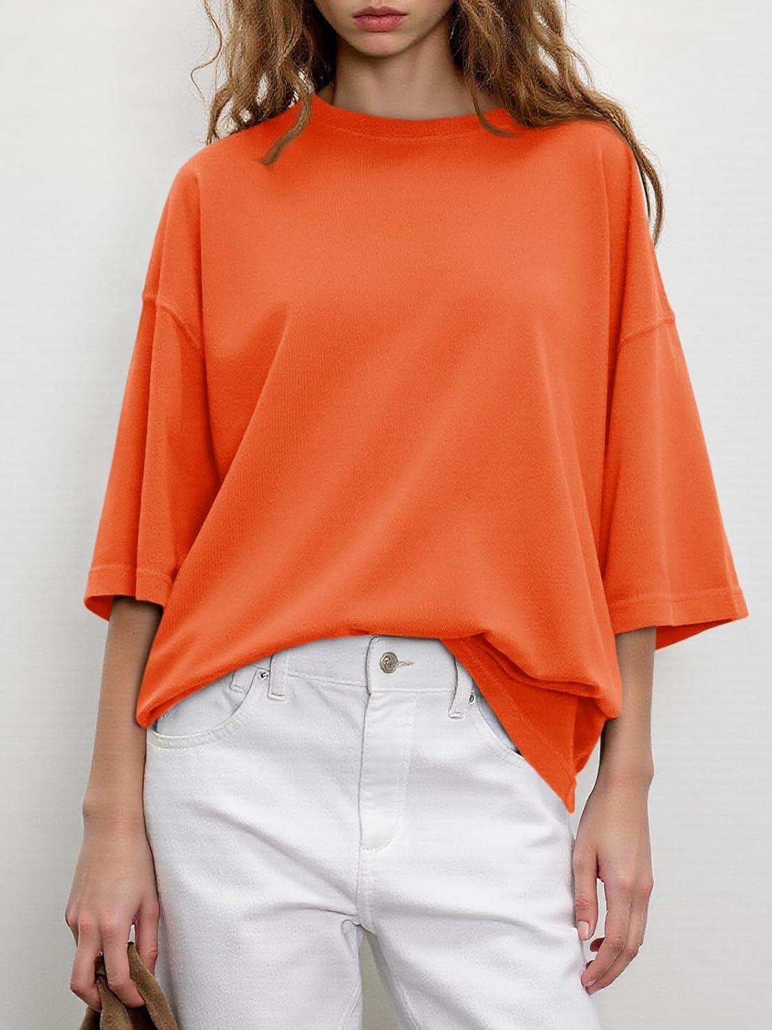 imageTankaneo Womens Oversized Half Sleeve TShirts Summer Casual Crew Neck Tunic Tops Loose Fit Boxy Basic TeesOrange