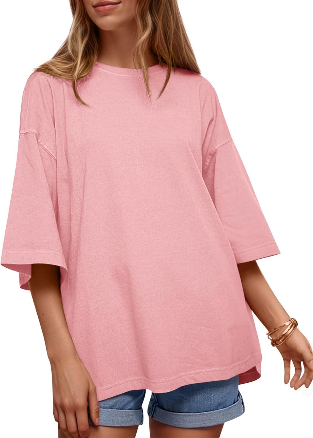 imageTankaneo Womens Oversized Half Sleeve TShirts Summer Casual Crew Neck Tunic Tops Loose Fit Boxy Basic TeesPink