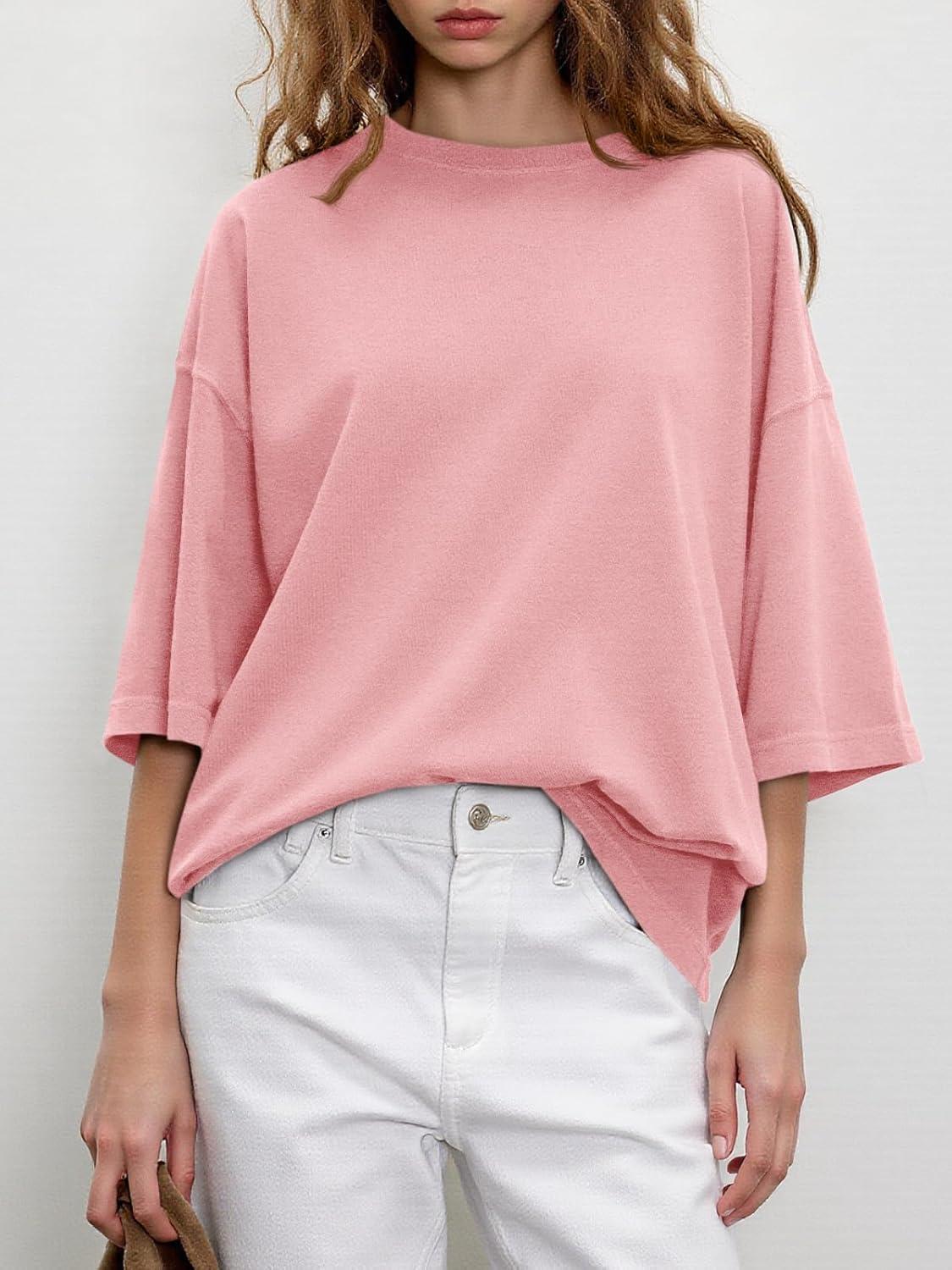 imageTankaneo Womens Oversized Half Sleeve TShirts Summer Casual Crew Neck Tunic Tops Loose Fit Boxy Basic TeesPink