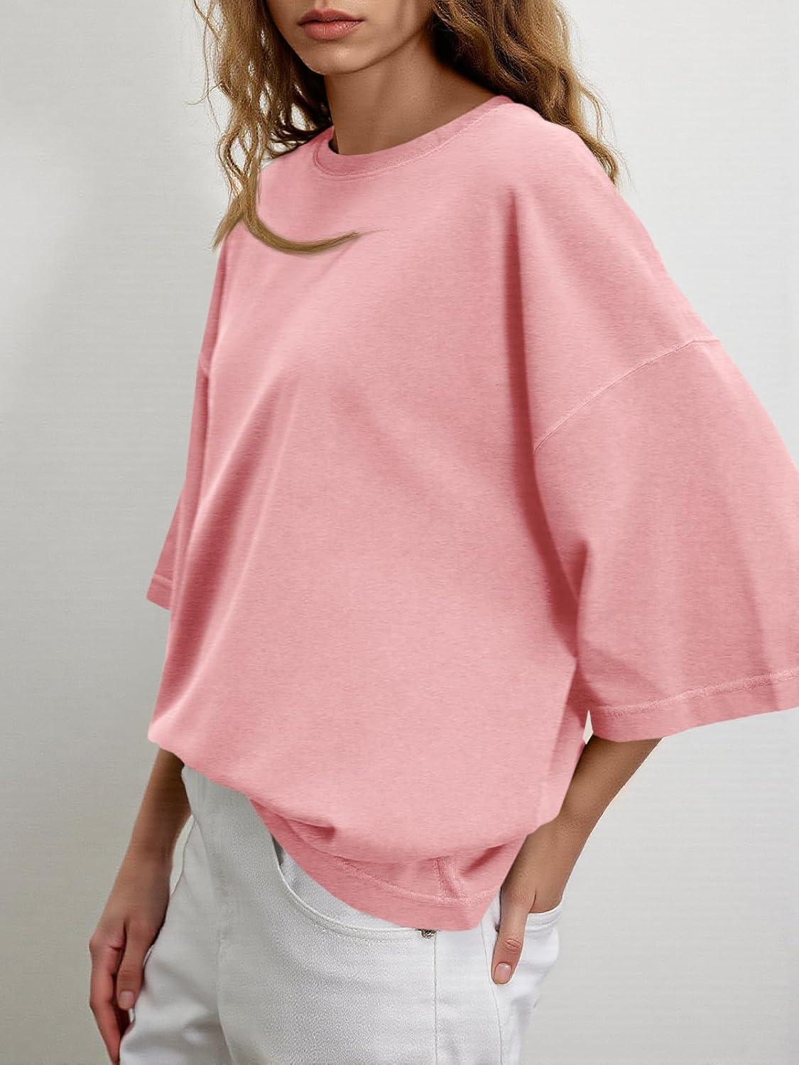 imageTankaneo Womens Oversized Half Sleeve TShirts Summer Casual Crew Neck Tunic Tops Loose Fit Boxy Basic TeesPink