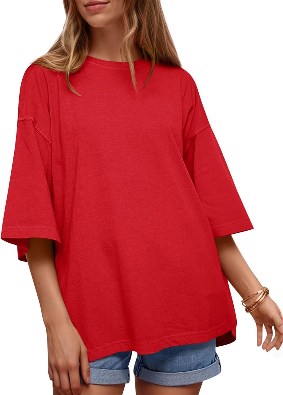 imageTankaneo Womens Oversized Half Sleeve TShirts Summer Casual Crew Neck Tunic Tops Loose Fit Boxy Basic TeesRed