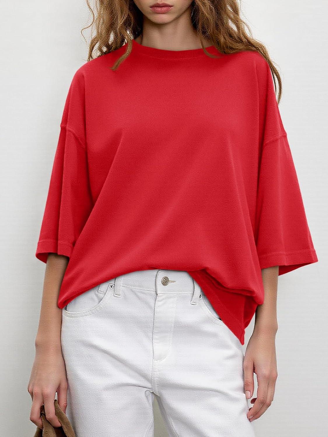 imageTankaneo Womens Oversized Half Sleeve TShirts Summer Casual Crew Neck Tunic Tops Loose Fit Boxy Basic TeesRed