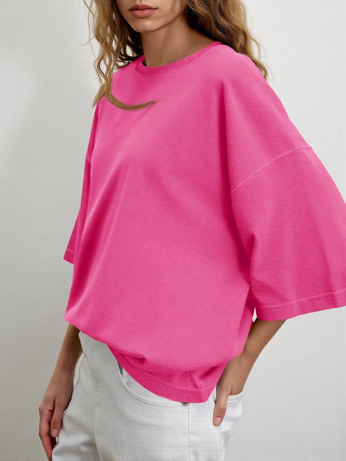 imageTankaneo Womens Oversized Half Sleeve TShirts Summer Casual Crew Neck Tunic Tops Loose Fit Boxy Basic TeesRose Red