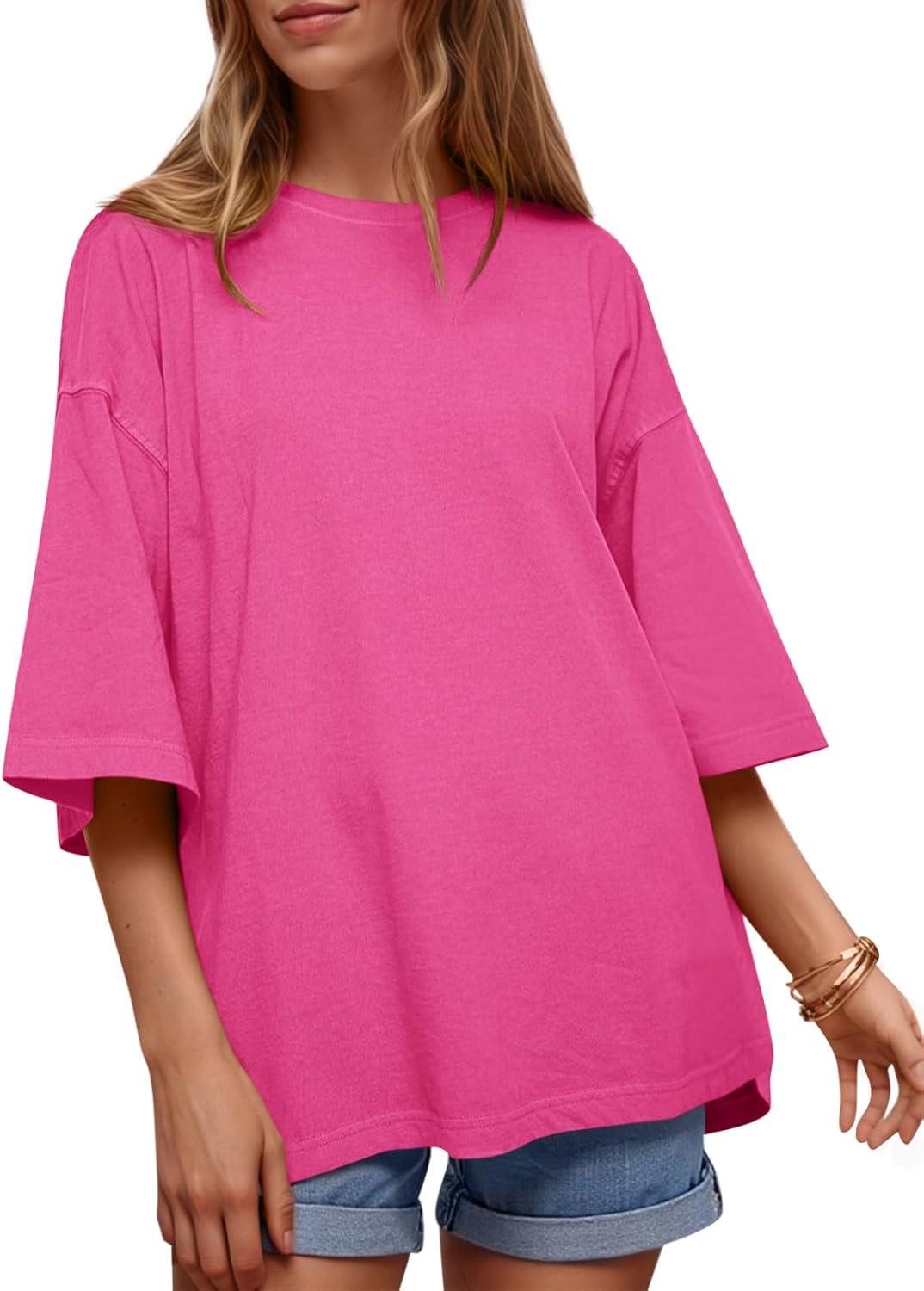 imageTankaneo Womens Oversized Half Sleeve TShirts Summer Casual Crew Neck Tunic Tops Loose Fit Boxy Basic TeesRose Red
