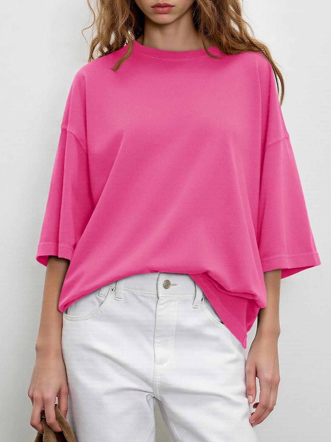 imageTankaneo Womens Oversized Half Sleeve TShirts Summer Casual Crew Neck Tunic Tops Loose Fit Boxy Basic TeesRose Red