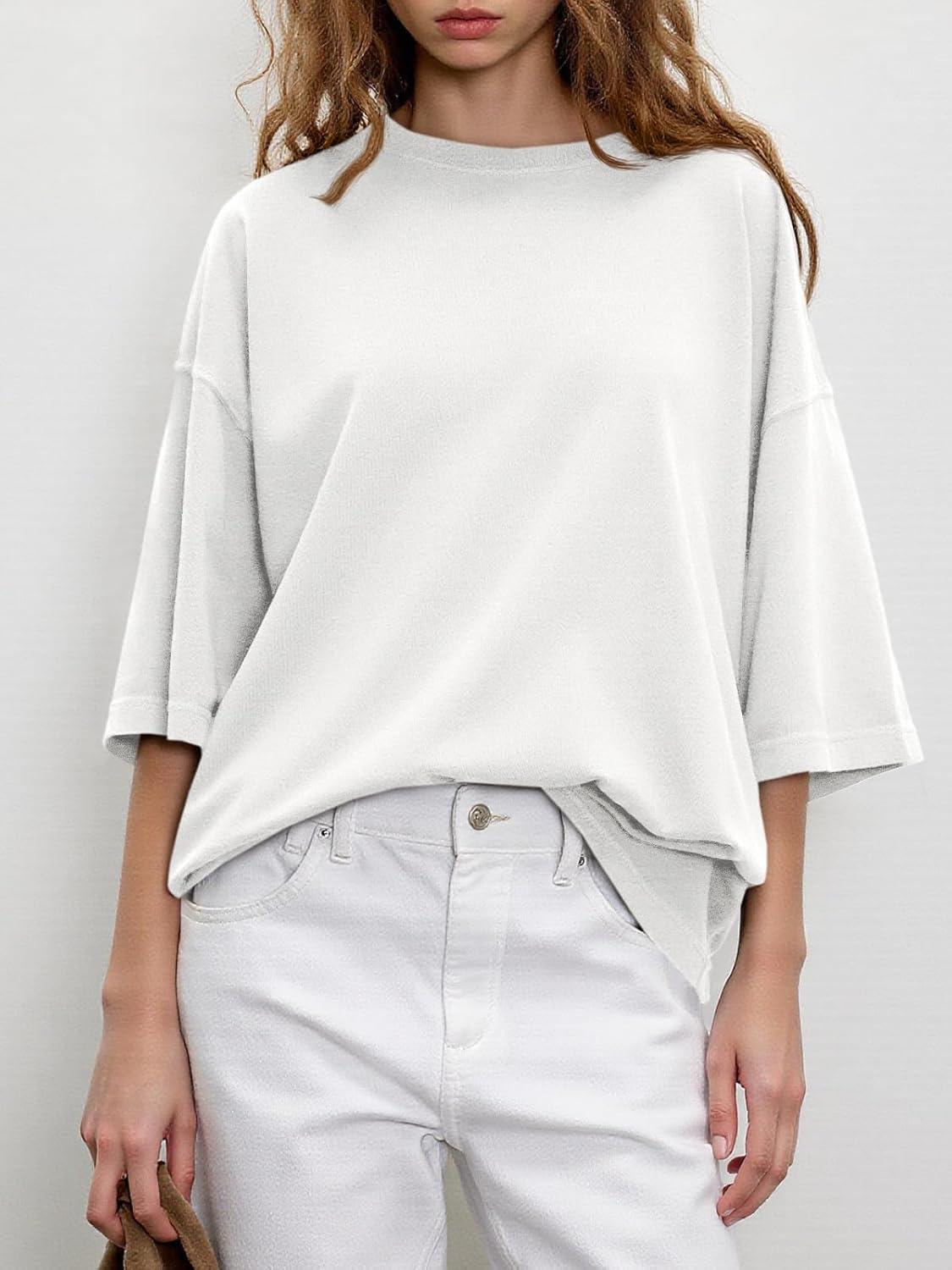 imageTankaneo Womens Oversized Half Sleeve TShirts Summer Casual Crew Neck Tunic Tops Loose Fit Boxy Basic TeesWhite