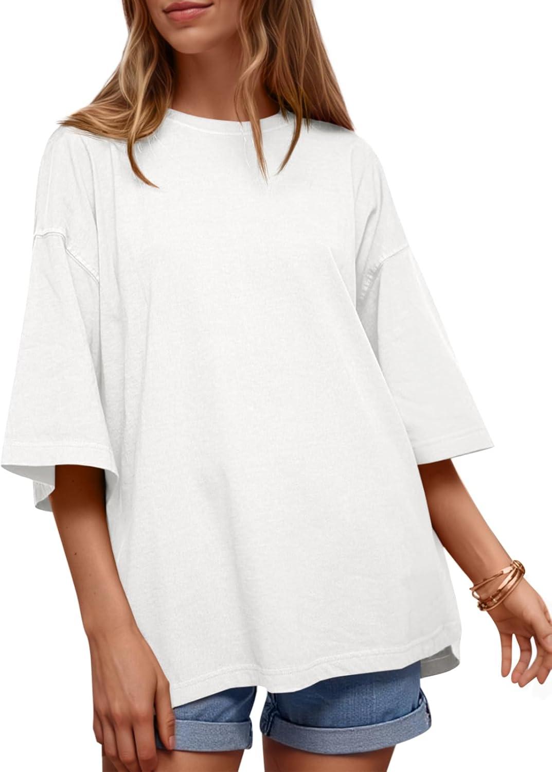 imageTankaneo Womens Oversized Half Sleeve TShirts Summer Casual Crew Neck Tunic Tops Loose Fit Boxy Basic TeesWhite