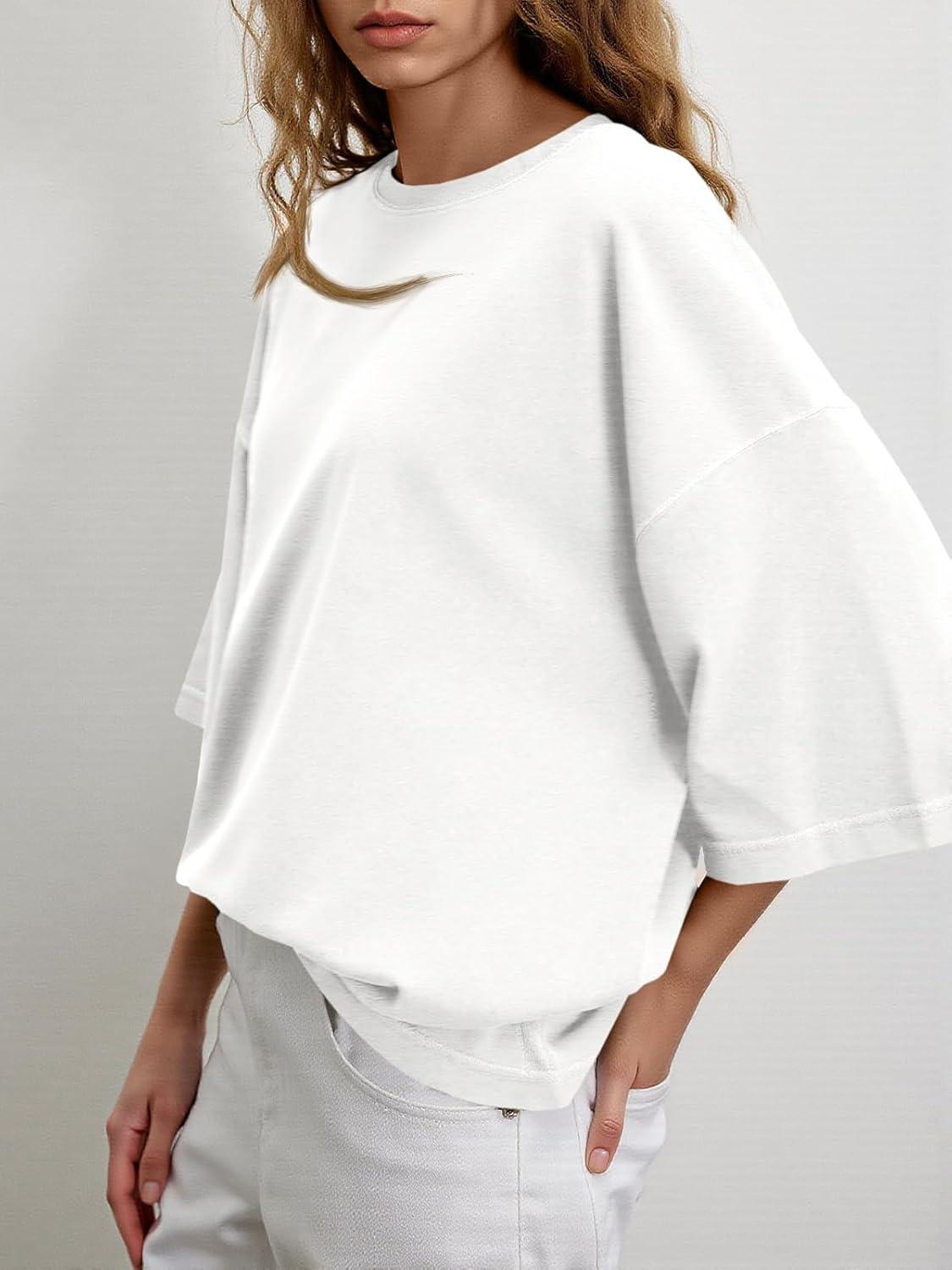 imageTankaneo Womens Oversized Half Sleeve TShirts Summer Casual Crew Neck Tunic Tops Loose Fit Boxy Basic TeesWhite