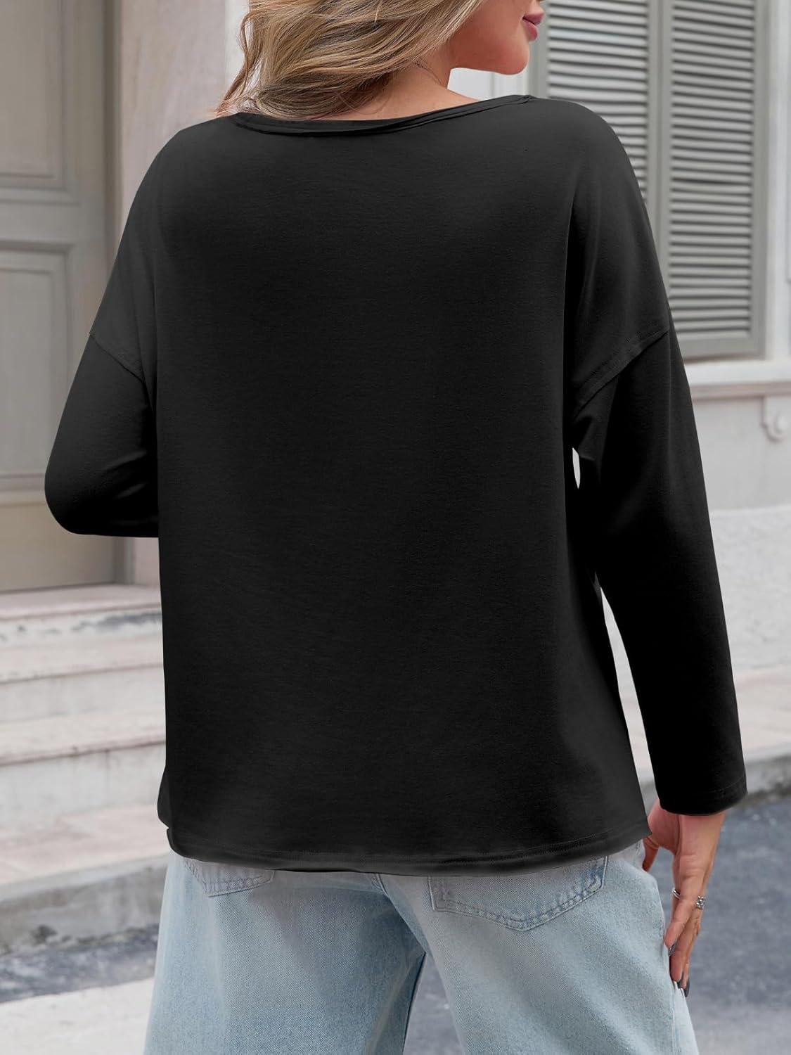 imageTankaneo Womens Oversized Long Sleeve Shirts Deep V Neck Fall Tops Casual Loose Fit Tunic Basic TeesBlack