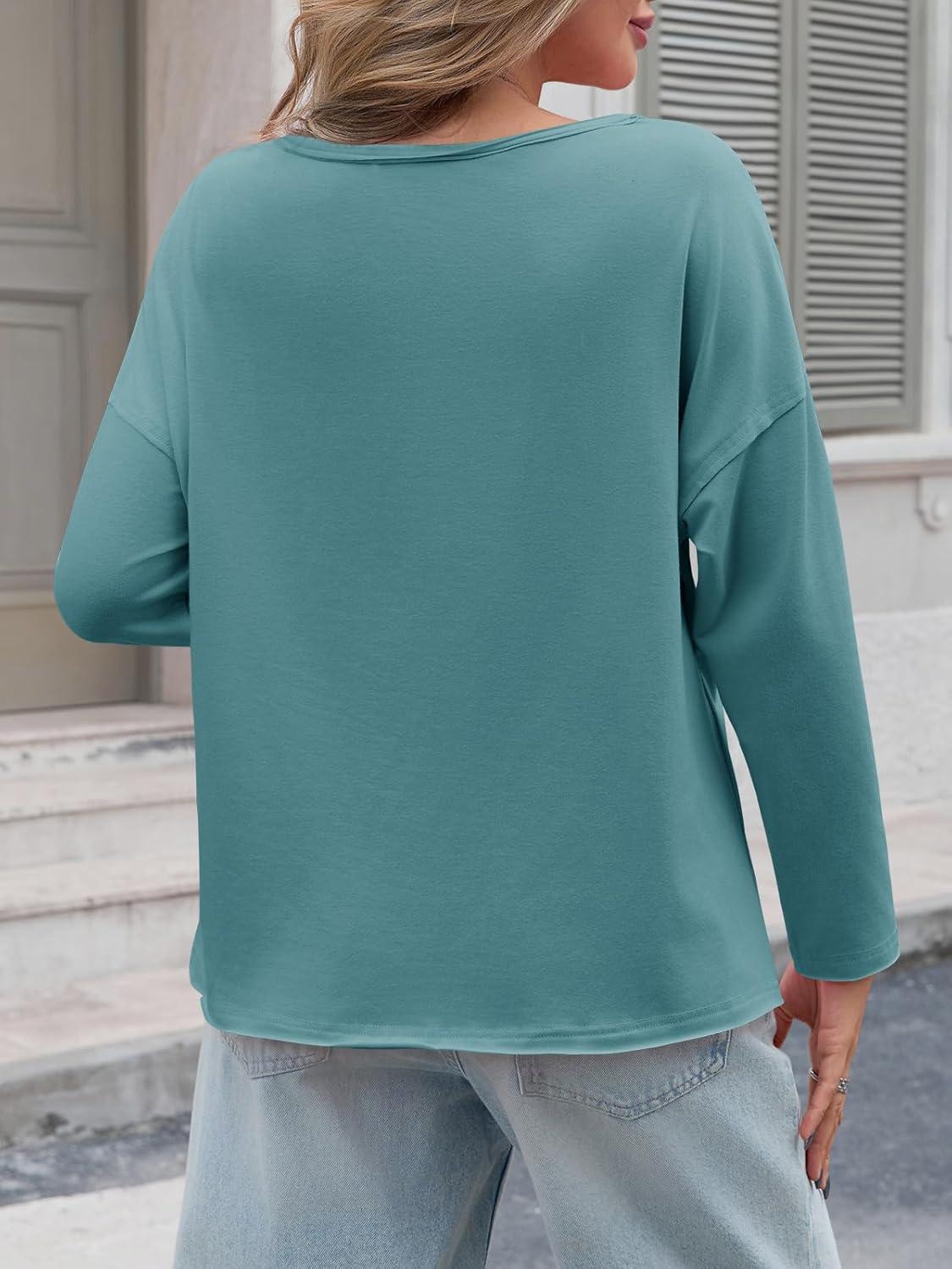 imageTankaneo Womens Oversized Long Sleeve Shirts Deep V Neck Fall Tops Casual Loose Fit Tunic Basic TeesBlue Green