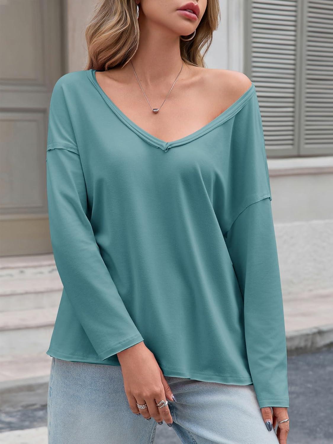 imageTankaneo Womens Oversized Long Sleeve Shirts Deep V Neck Fall Tops Casual Loose Fit Tunic Basic TeesBlue Green