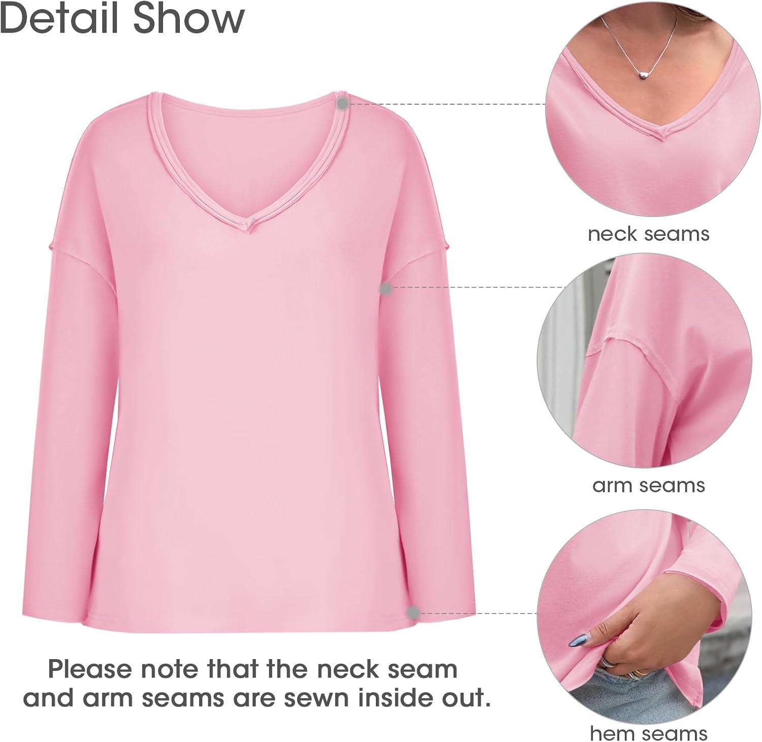 imageTankaneo Womens Oversized Long Sleeve Shirts Deep V Neck Fall Tops Casual Loose Fit Tunic Basic TeesPink