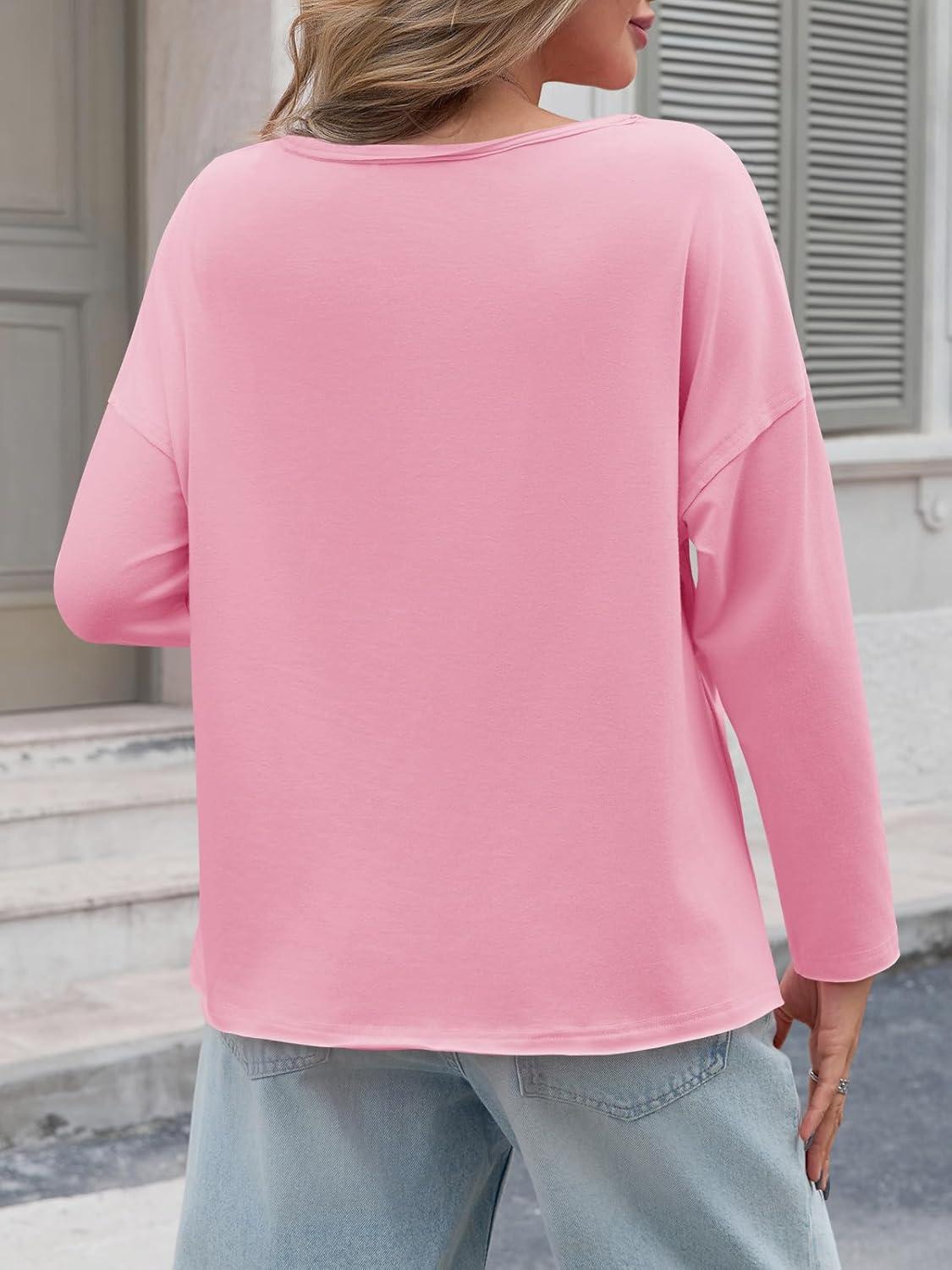 imageTankaneo Womens Oversized Long Sleeve Shirts Deep V Neck Fall Tops Casual Loose Fit Tunic Basic TeesPink