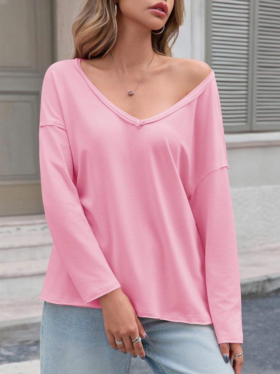 imageTankaneo Womens Oversized Long Sleeve Shirts Deep V Neck Fall Tops Casual Loose Fit Tunic Basic TeesPink