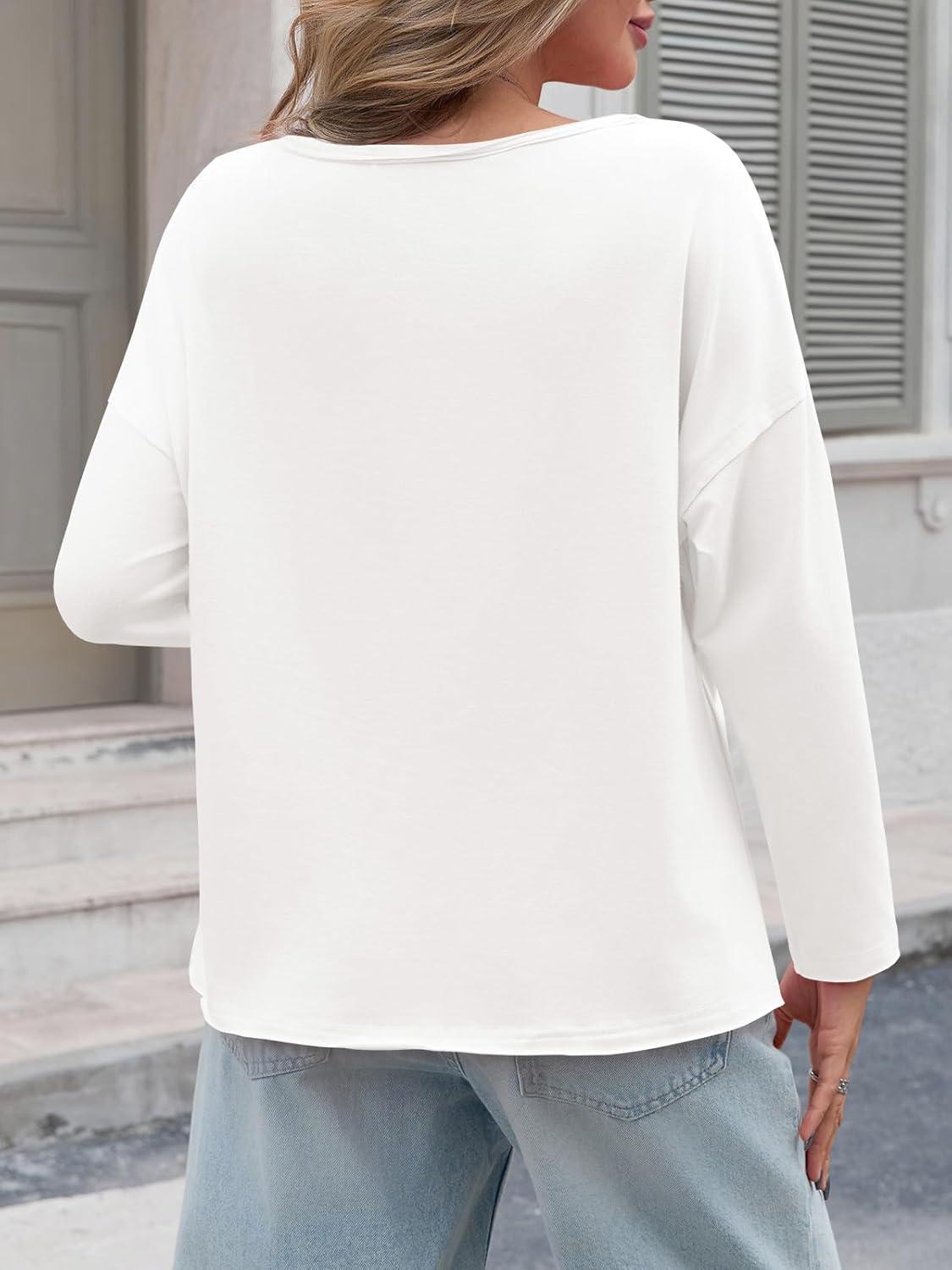 imageTankaneo Womens Oversized Long Sleeve Shirts Deep V Neck Fall Tops Casual Loose Fit Tunic Basic TeesWhite