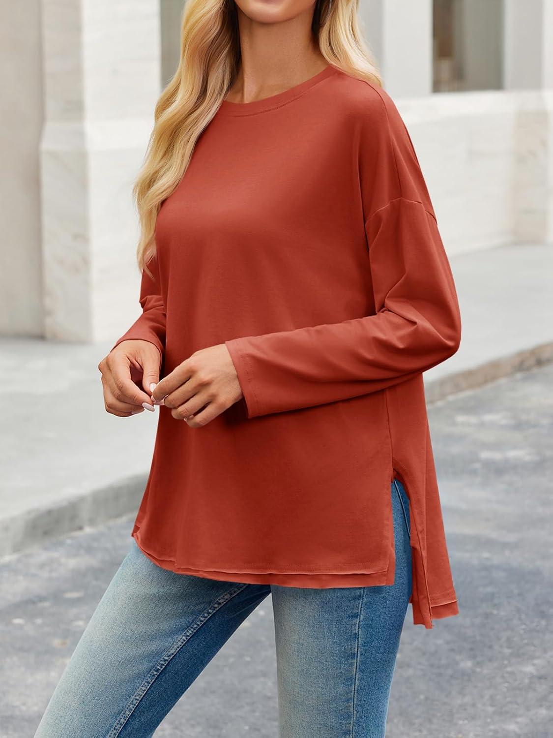 imageTankaneo Womens Oversized Long Sleeve T Shirts 2025 Crewneck Basic Tee Loose Fit Tunic Tops Casual Fall Workout ClothesBrick Red