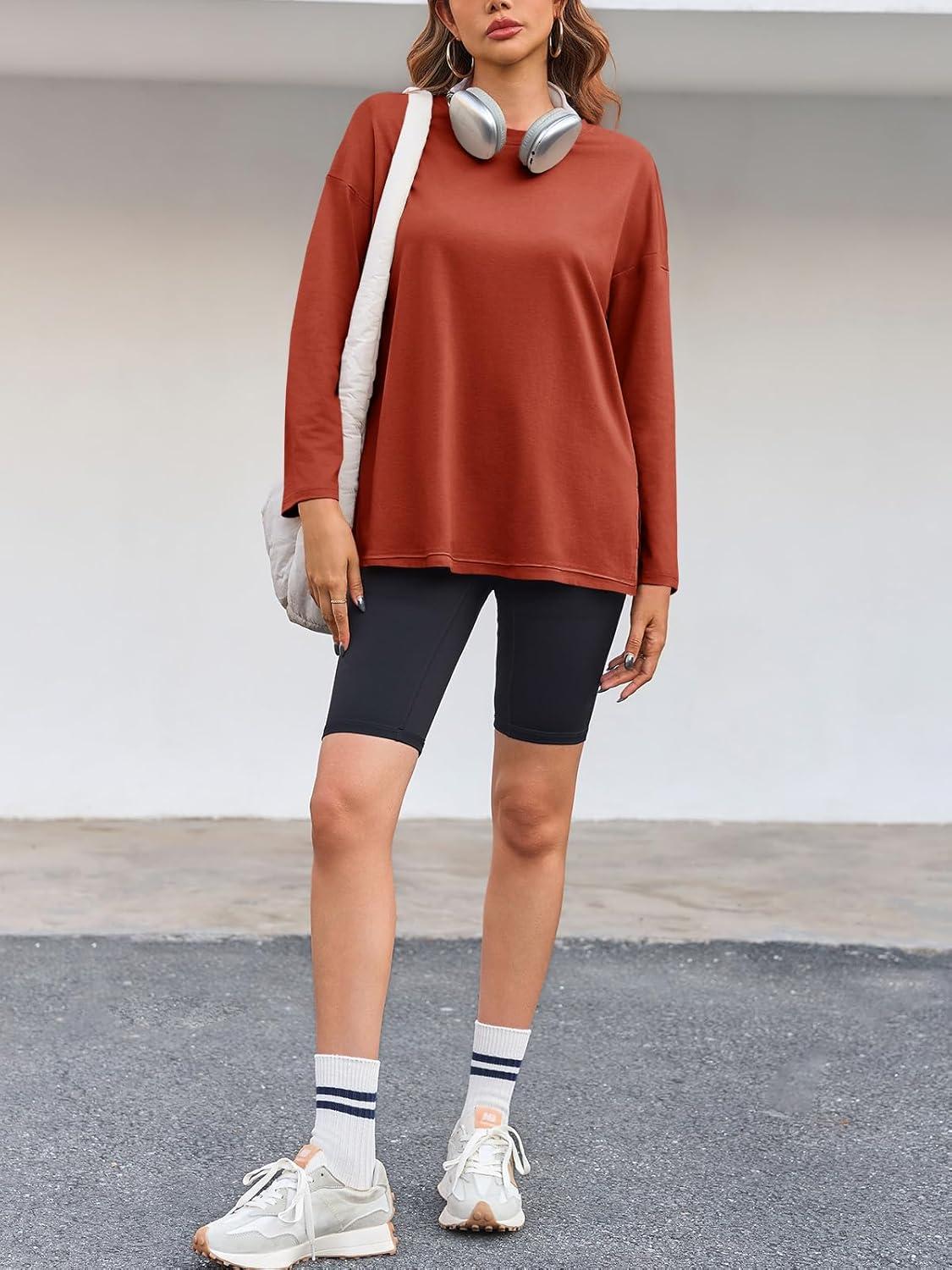 imageTankaneo Womens Oversized Long Sleeve T Shirts 2025 Crewneck Basic Tee Loose Fit Tunic Tops Casual Fall Workout ClothesBrick Red