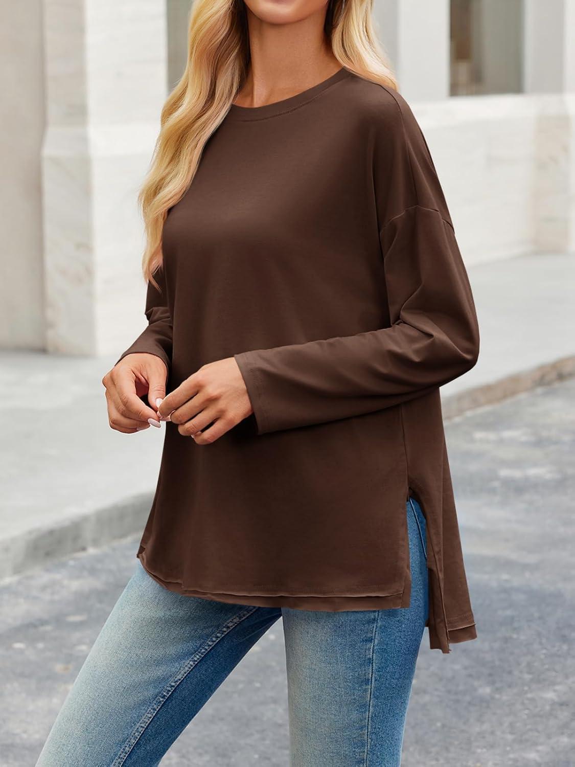 imageTankaneo Womens Oversized Long Sleeve T Shirts 2025 Crewneck Basic Tee Loose Fit Tunic Tops Casual Fall Workout ClothesCoffee
