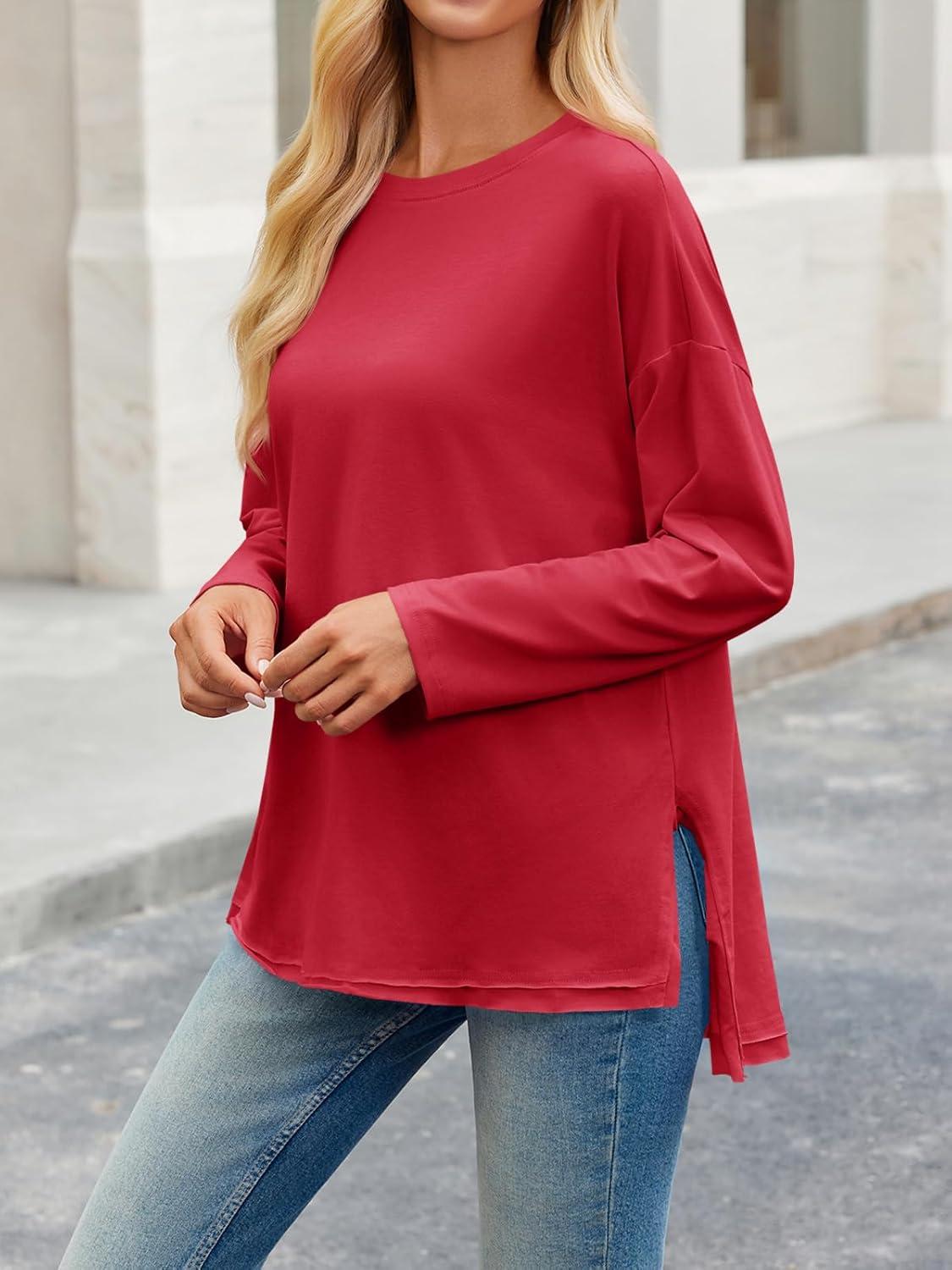 imageTankaneo Womens Oversized Long Sleeve T Shirts 2025 Crewneck Basic Tee Loose Fit Tunic Tops Casual Fall Workout ClothesRed