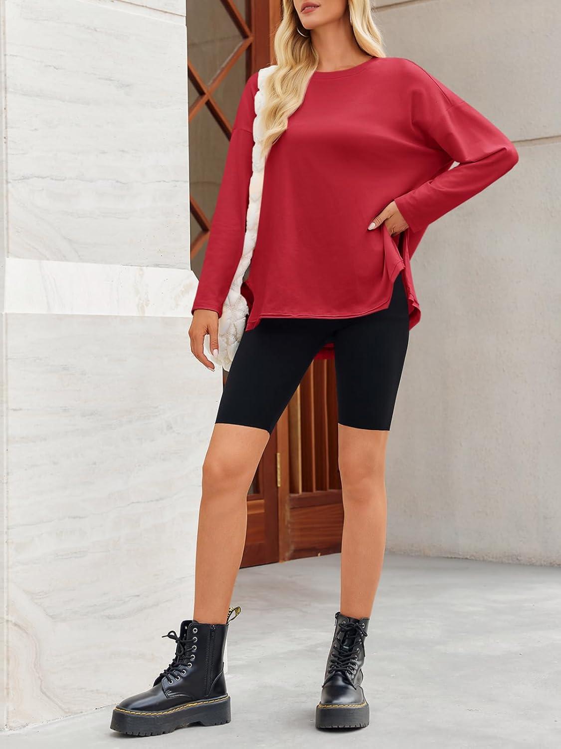 imageTankaneo Womens Oversized Long Sleeve T Shirts 2025 Crewneck Basic Tee Loose Fit Tunic Tops Casual Fall Workout ClothesRed