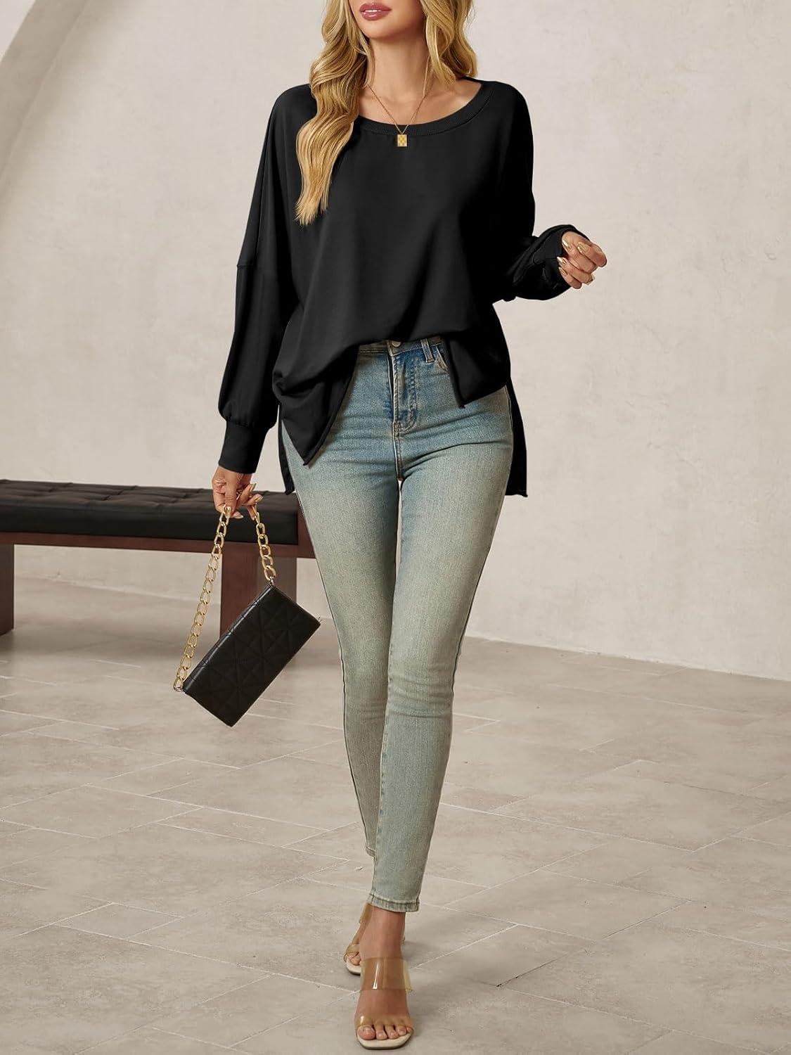 imageTankaneo Womens Oversized Off The Shoulder Tops Long Sleeve Trendy Casual TShirts Side Slit Loose Fit Tunic ShirtsBlack