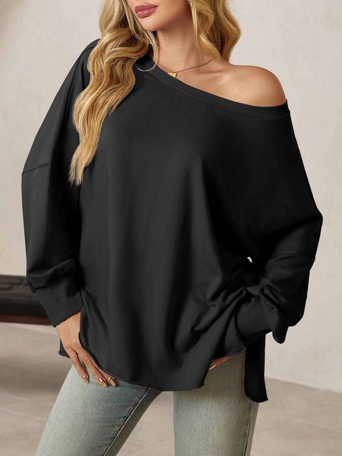 imageTankaneo Womens Oversized Off The Shoulder Tops Long Sleeve Trendy Casual TShirts Side Slit Loose Fit Tunic ShirtsBlack