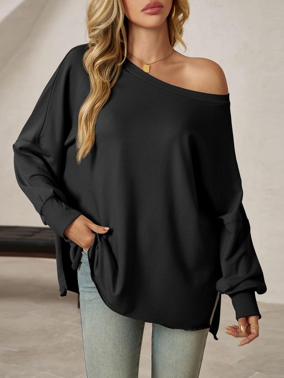 imageTankaneo Womens Oversized Off The Shoulder Tops Long Sleeve Trendy Casual TShirts Side Slit Loose Fit Tunic ShirtsBlack