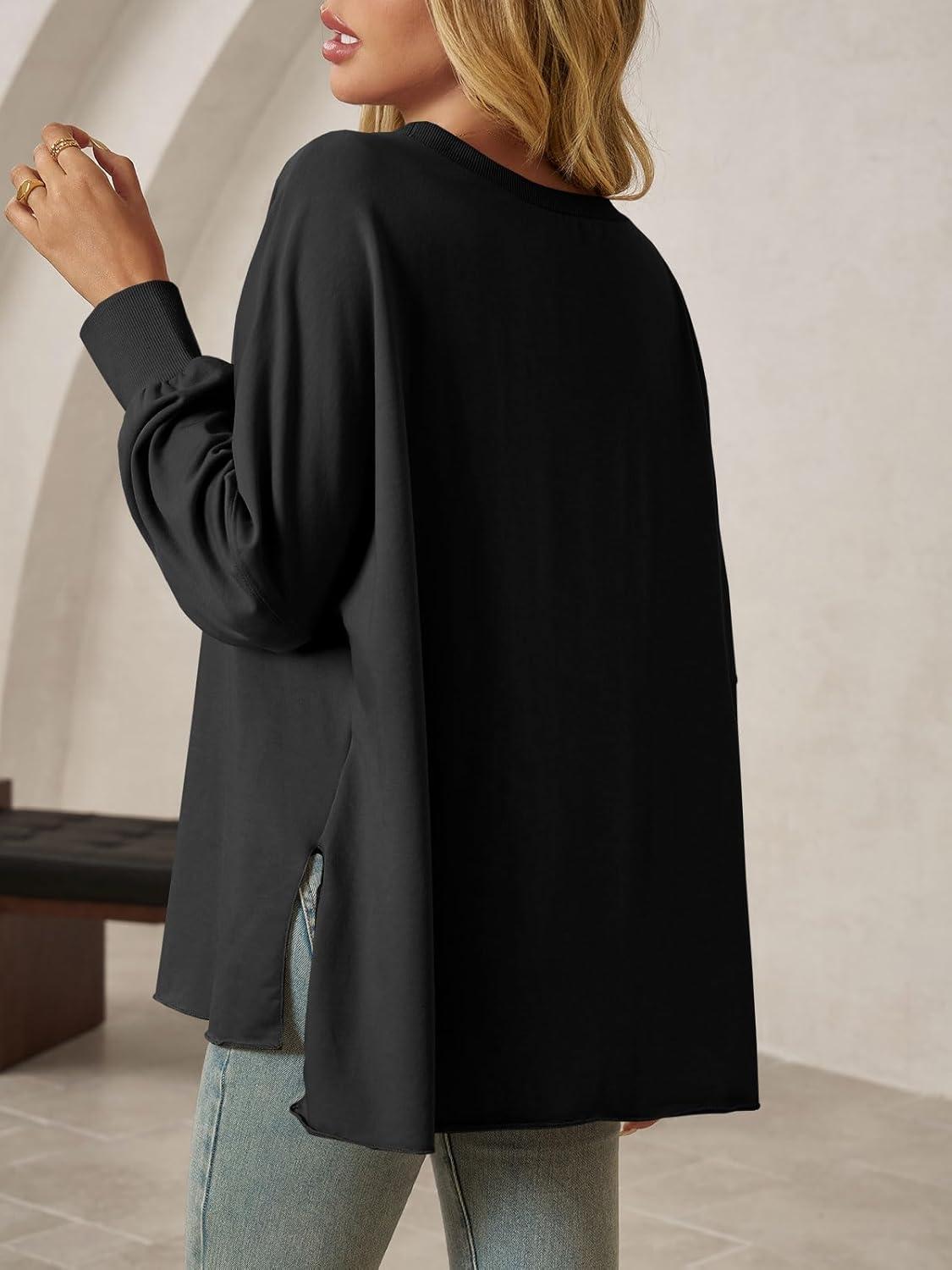 imageTankaneo Womens Oversized Off The Shoulder Tops Long Sleeve Trendy Casual TShirts Side Slit Loose Fit Tunic ShirtsBlack