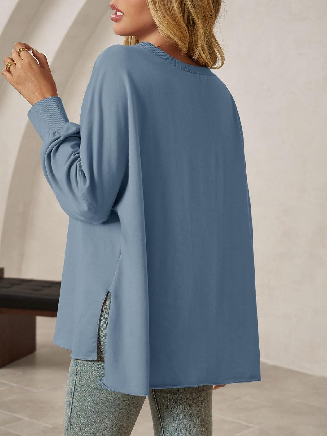 imageTankaneo Womens Oversized Off The Shoulder Tops Long Sleeve Trendy Casual TShirts Side Slit Loose Fit Tunic ShirtsBlue Grey