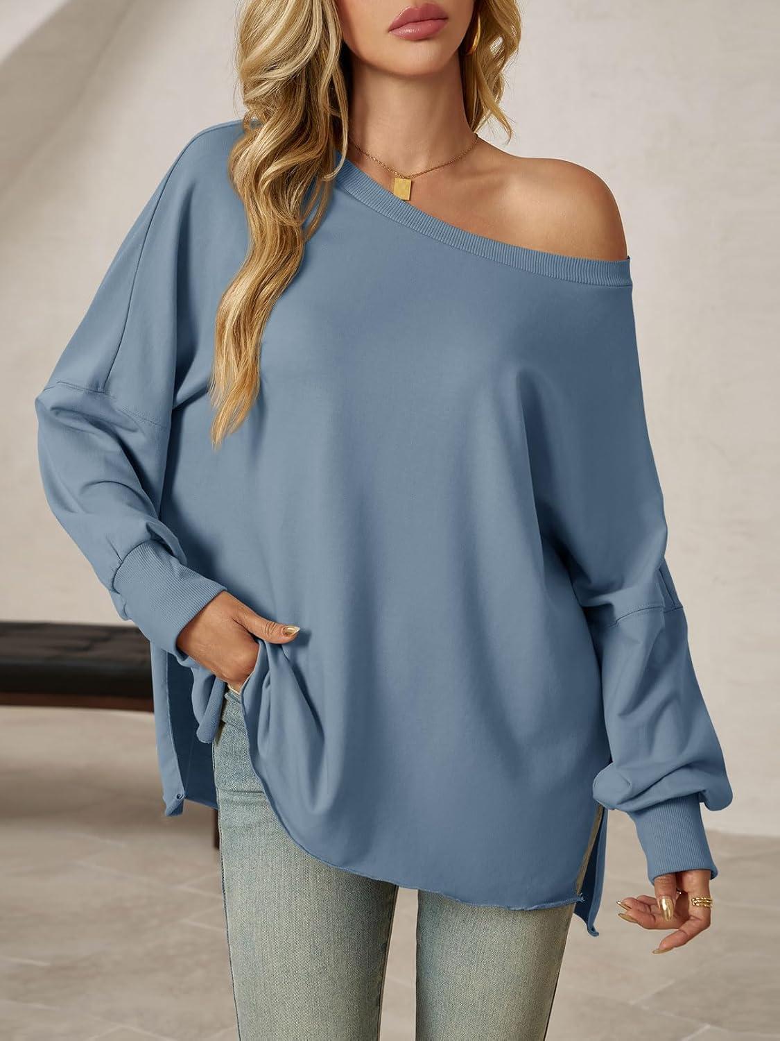 imageTankaneo Womens Oversized Off The Shoulder Tops Long Sleeve Trendy Casual TShirts Side Slit Loose Fit Tunic ShirtsBlue Grey
