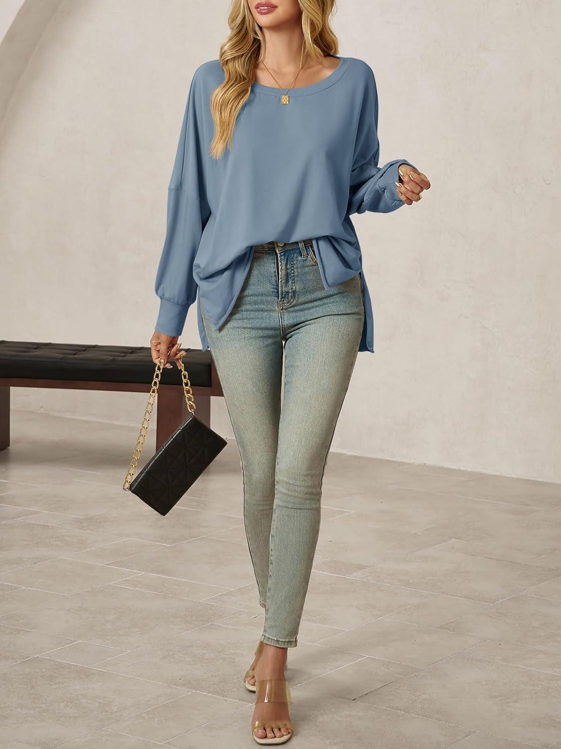 imageTankaneo Womens Oversized Off The Shoulder Tops Long Sleeve Trendy Casual TShirts Side Slit Loose Fit Tunic ShirtsBlue Grey