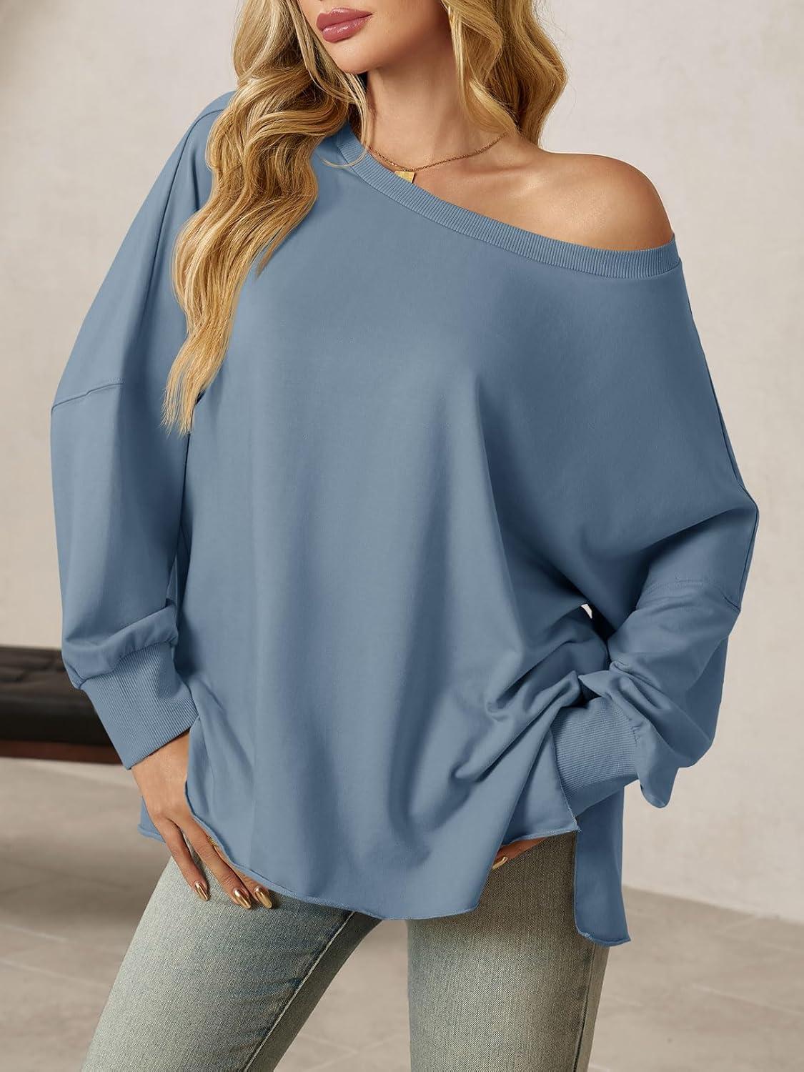 imageTankaneo Womens Oversized Off The Shoulder Tops Long Sleeve Trendy Casual TShirts Side Slit Loose Fit Tunic ShirtsBlue Grey