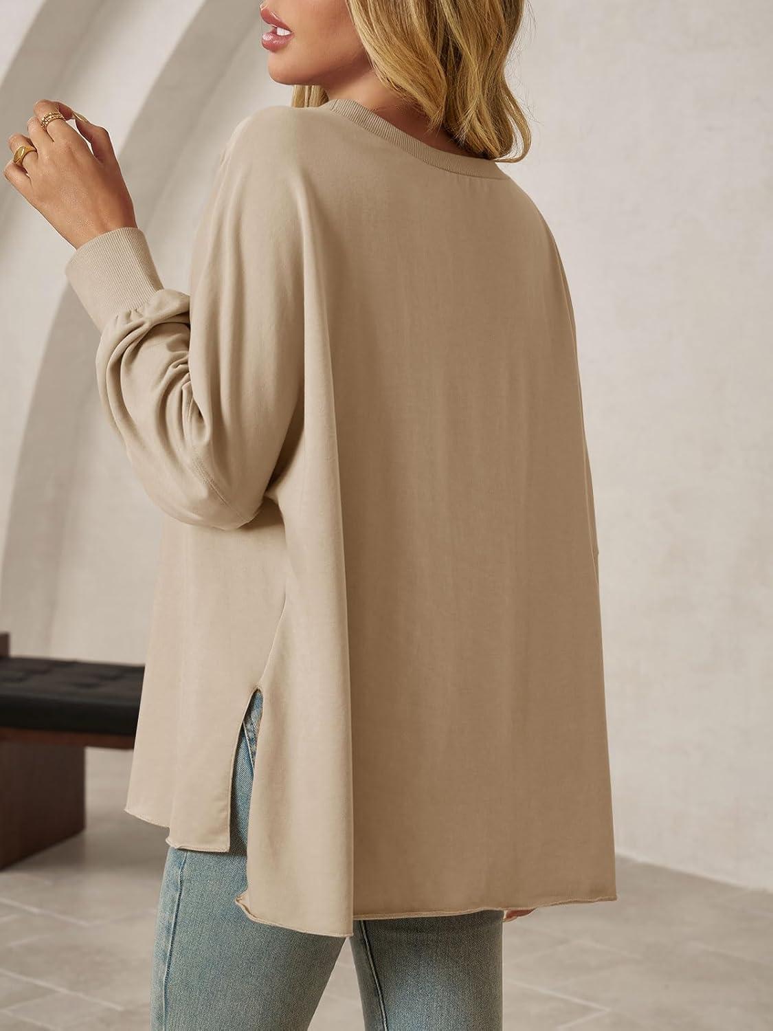 imageTankaneo Womens Oversized Off The Shoulder Tops Long Sleeve Trendy Casual TShirts Side Slit Loose Fit Tunic ShirtsKhaki