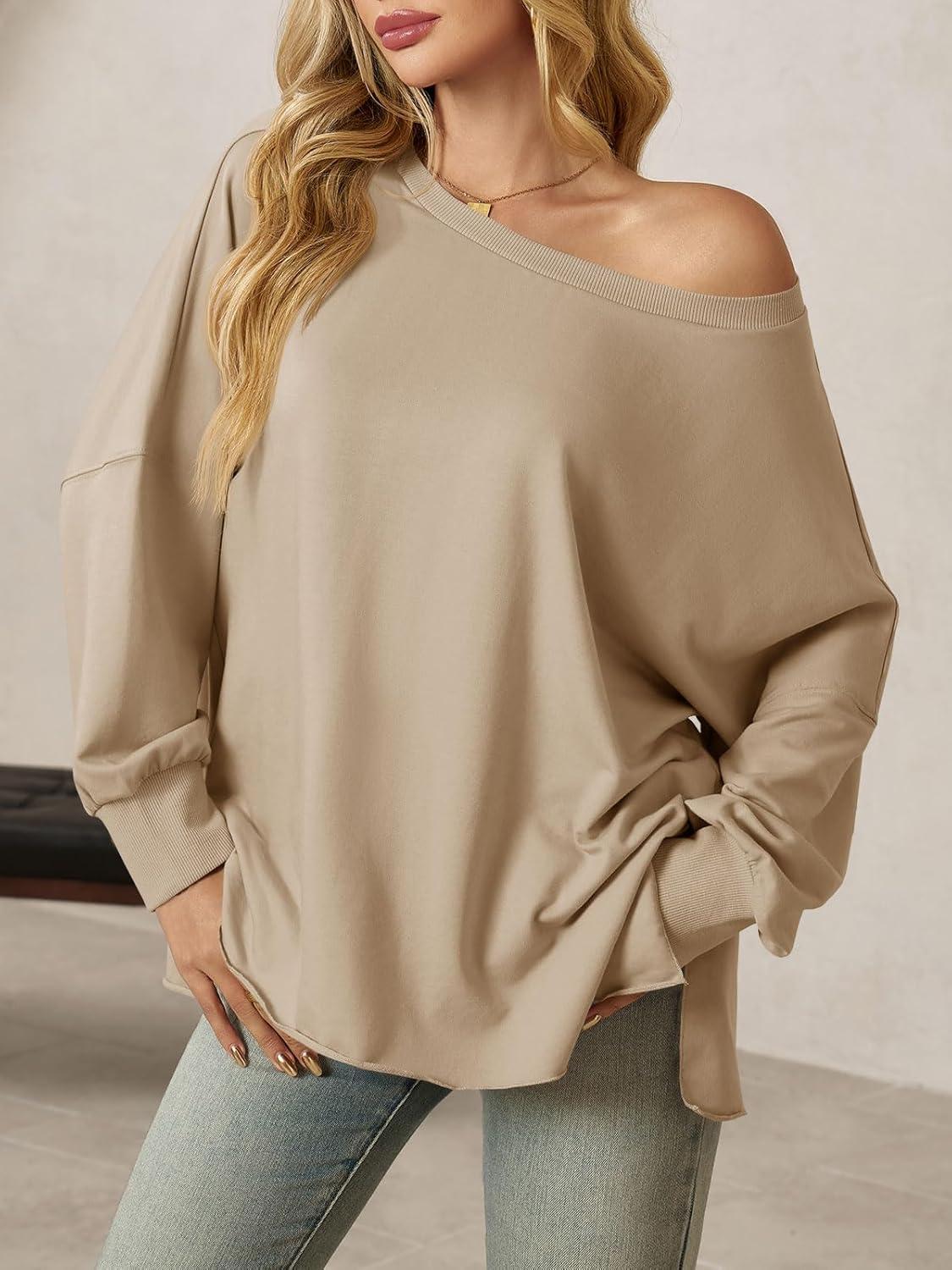 imageTankaneo Womens Oversized Off The Shoulder Tops Long Sleeve Trendy Casual TShirts Side Slit Loose Fit Tunic ShirtsKhaki