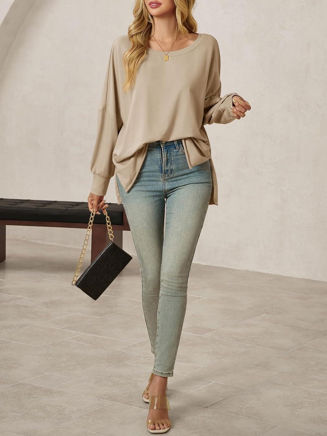 imageTankaneo Womens Oversized Off The Shoulder Tops Long Sleeve Trendy Casual TShirts Side Slit Loose Fit Tunic ShirtsKhaki