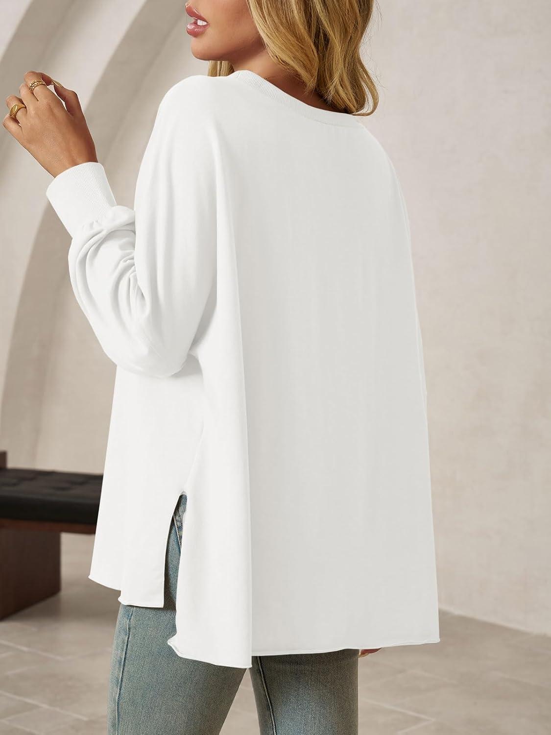 imageTankaneo Womens Oversized Off The Shoulder Tops Long Sleeve Trendy Casual TShirts Side Slit Loose Fit Tunic ShirtsWhite