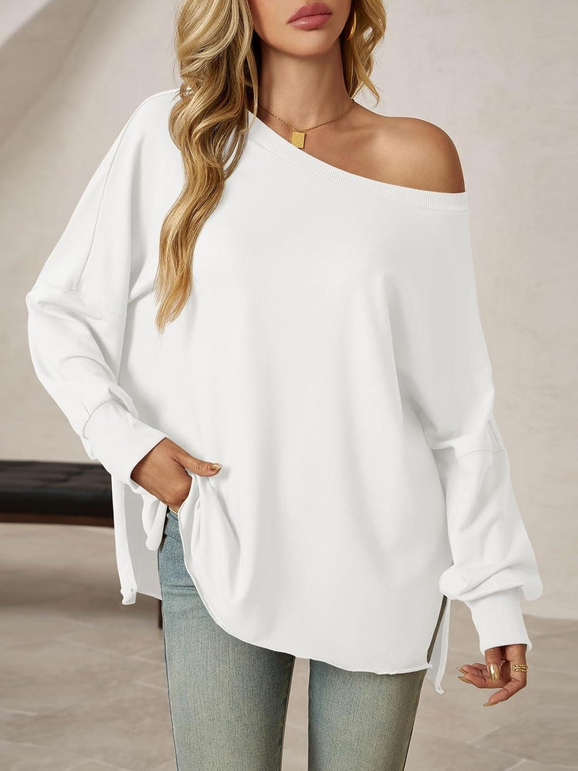 imageTankaneo Womens Oversized Off The Shoulder Tops Long Sleeve Trendy Casual TShirts Side Slit Loose Fit Tunic ShirtsWhite