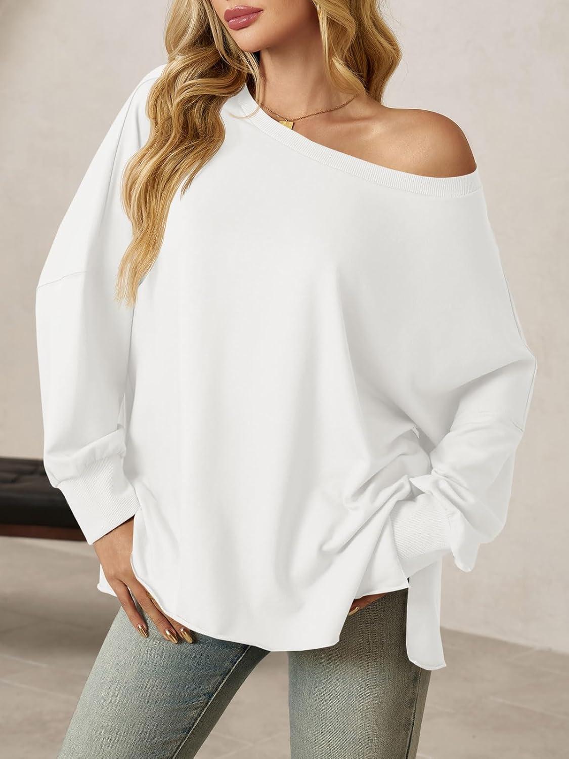 imageTankaneo Womens Oversized Off The Shoulder Tops Long Sleeve Trendy Casual TShirts Side Slit Loose Fit Tunic ShirtsWhite