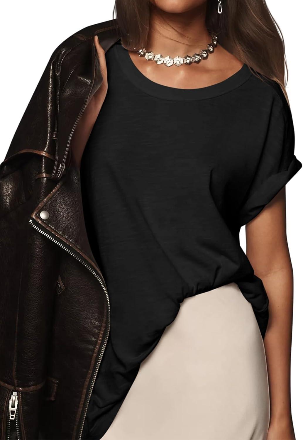 imageTankaneo Womens Oversized Short Sleeve T Shirts Summer Casual Crew Neck Tunic Tops Loose Fit Basic Side Split TeesBlack