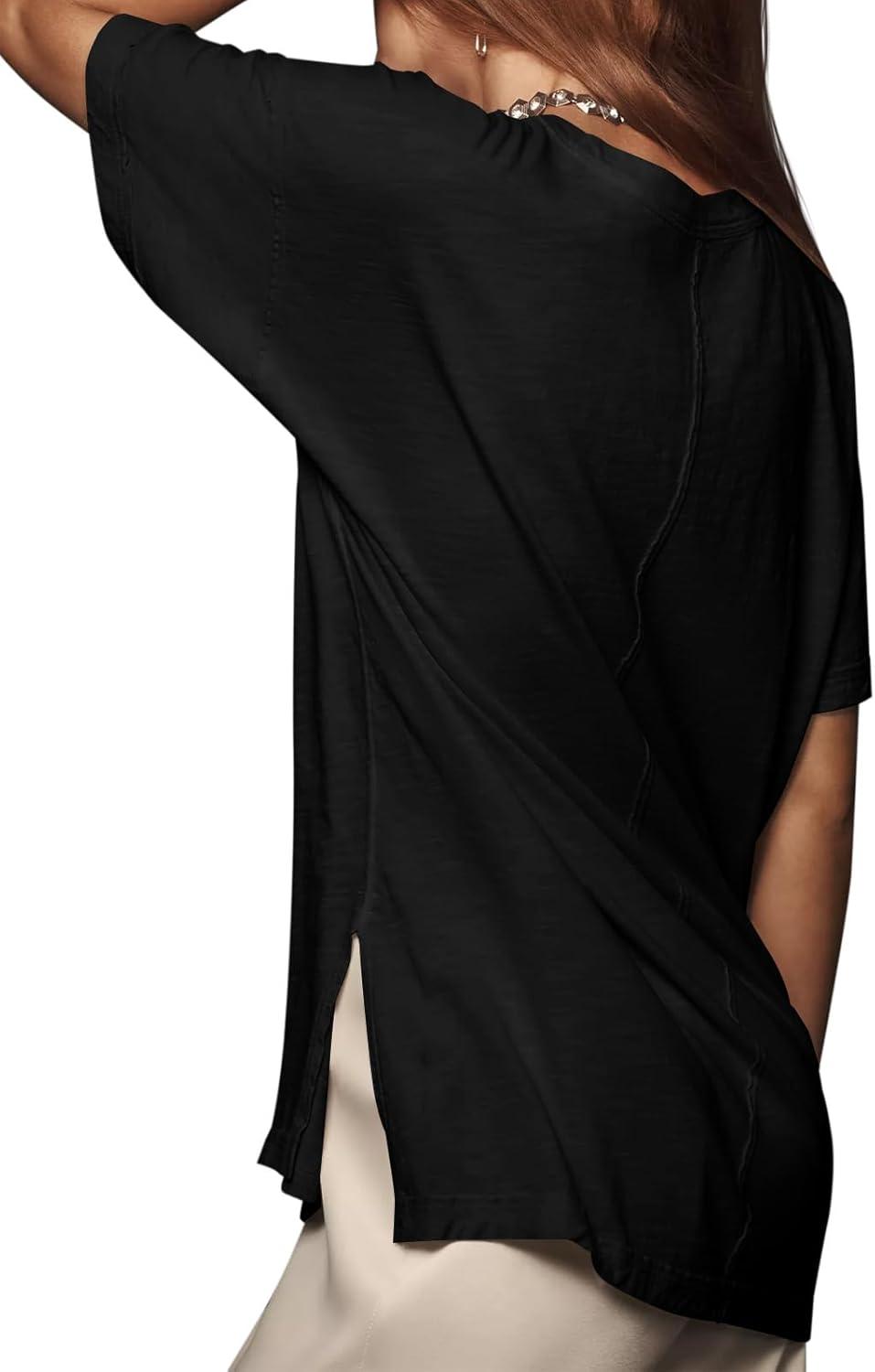 imageTankaneo Womens Oversized Short Sleeve T Shirts Summer Casual Crew Neck Tunic Tops Loose Fit Basic Side Split TeesBlack
