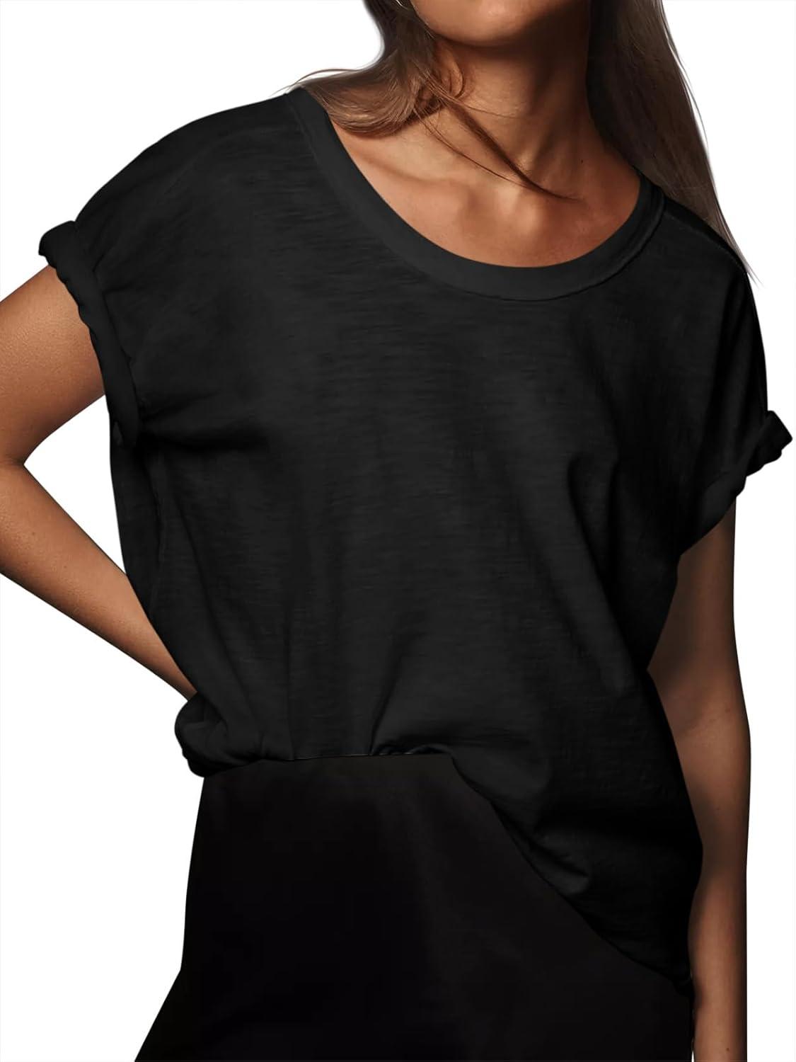 imageTankaneo Womens Oversized Short Sleeve T Shirts Summer Casual Crew Neck Tunic Tops Loose Fit Basic Side Split TeesBlack