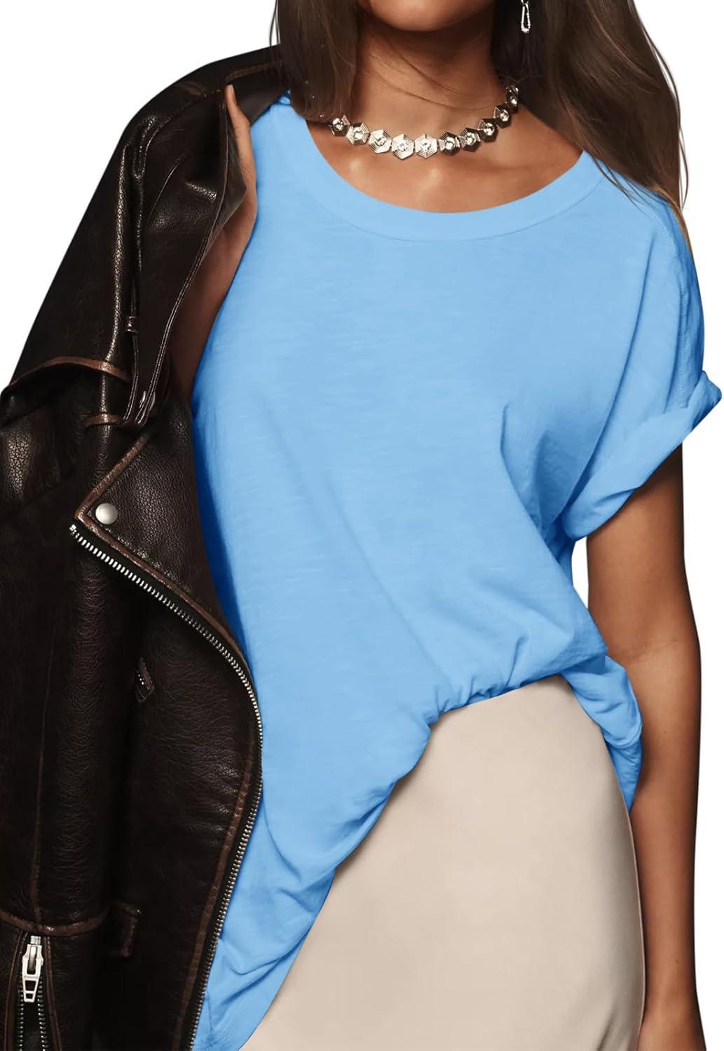 imageTankaneo Womens Oversized Short Sleeve T Shirts Summer Casual Crew Neck Tunic Tops Loose Fit Basic Side Split TeesBlue