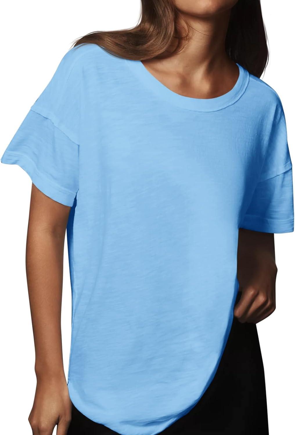 imageTankaneo Womens Oversized Short Sleeve T Shirts Summer Casual Crew Neck Tunic Tops Loose Fit Basic Side Split TeesBlue