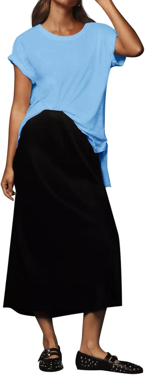 imageTankaneo Womens Oversized Short Sleeve T Shirts Summer Casual Crew Neck Tunic Tops Loose Fit Basic Side Split TeesBlue