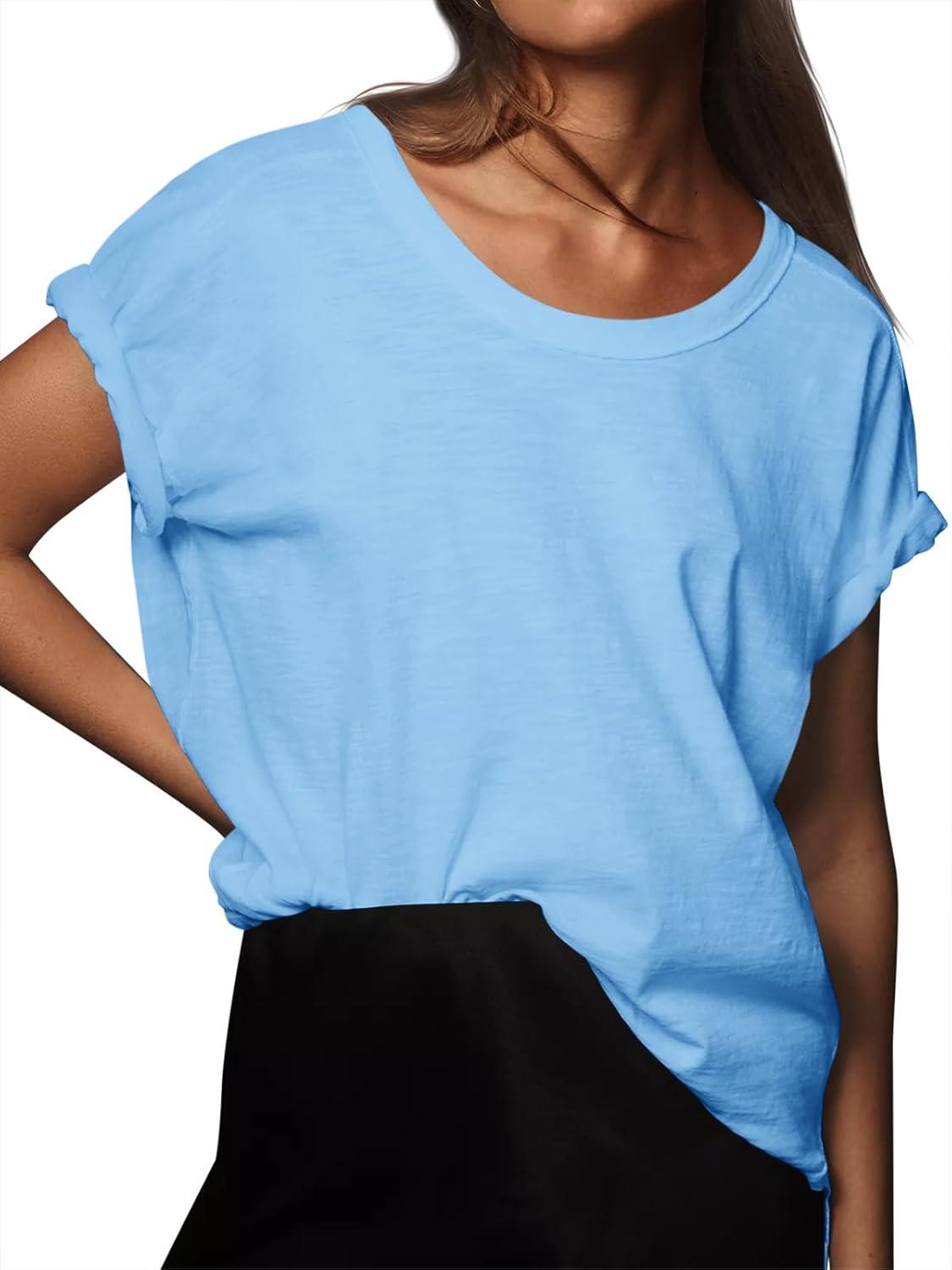 imageTankaneo Womens Oversized Short Sleeve T Shirts Summer Casual Crew Neck Tunic Tops Loose Fit Basic Side Split TeesBlue