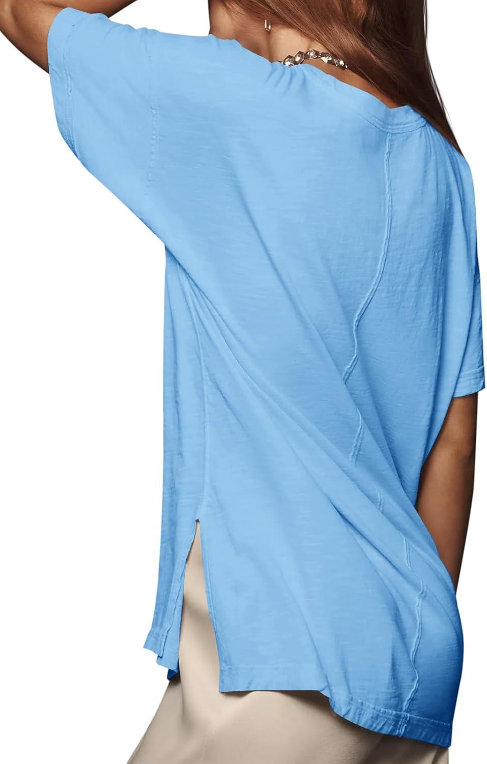 imageTankaneo Womens Oversized Short Sleeve T Shirts Summer Casual Crew Neck Tunic Tops Loose Fit Basic Side Split TeesBlue