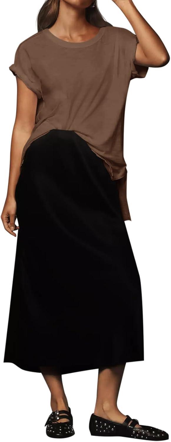 imageTankaneo Womens Oversized Short Sleeve T Shirts Summer Casual Crew Neck Tunic Tops Loose Fit Basic Side Split TeesBrown