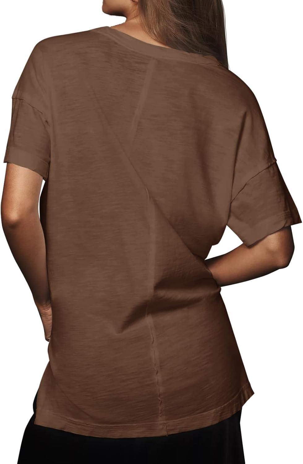 imageTankaneo Womens Oversized Short Sleeve T Shirts Summer Casual Crew Neck Tunic Tops Loose Fit Basic Side Split TeesBrown