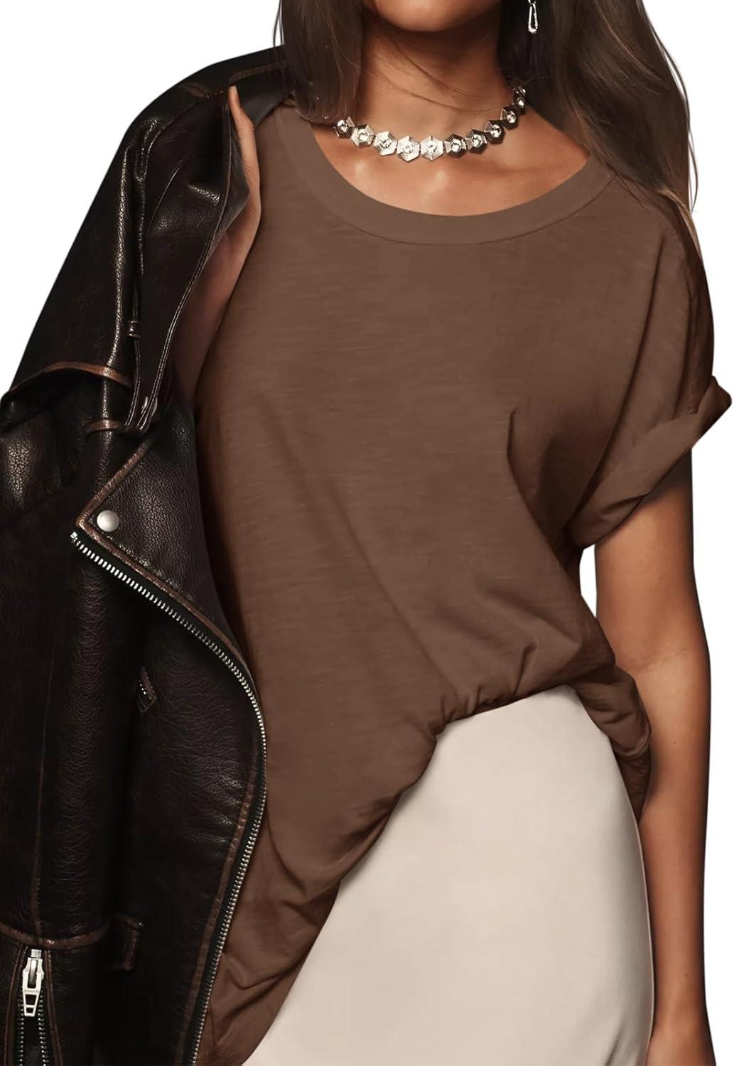 imageTankaneo Womens Oversized Short Sleeve T Shirts Summer Casual Crew Neck Tunic Tops Loose Fit Basic Side Split TeesBrown