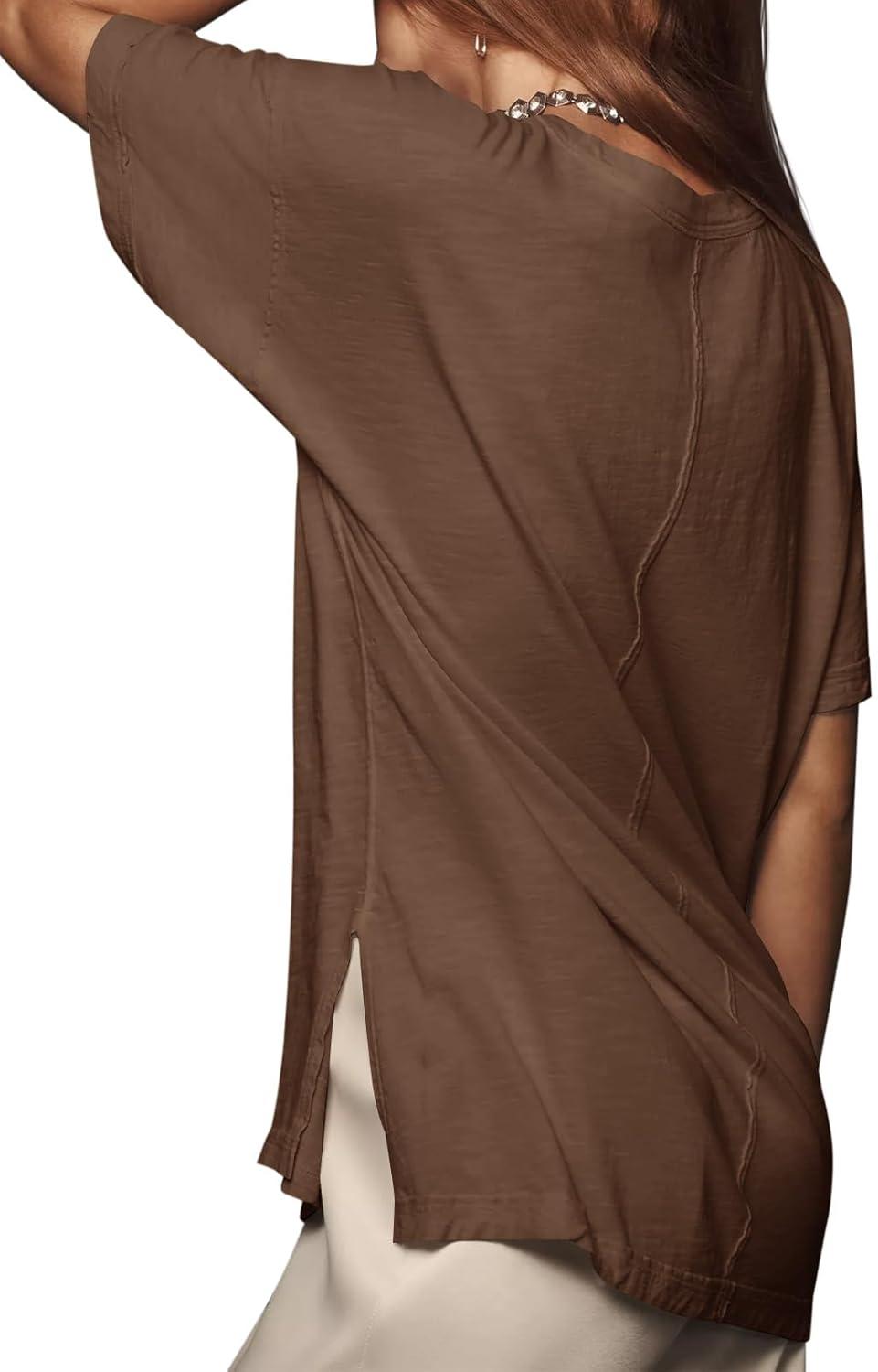 imageTankaneo Womens Oversized Short Sleeve T Shirts Summer Casual Crew Neck Tunic Tops Loose Fit Basic Side Split TeesBrown